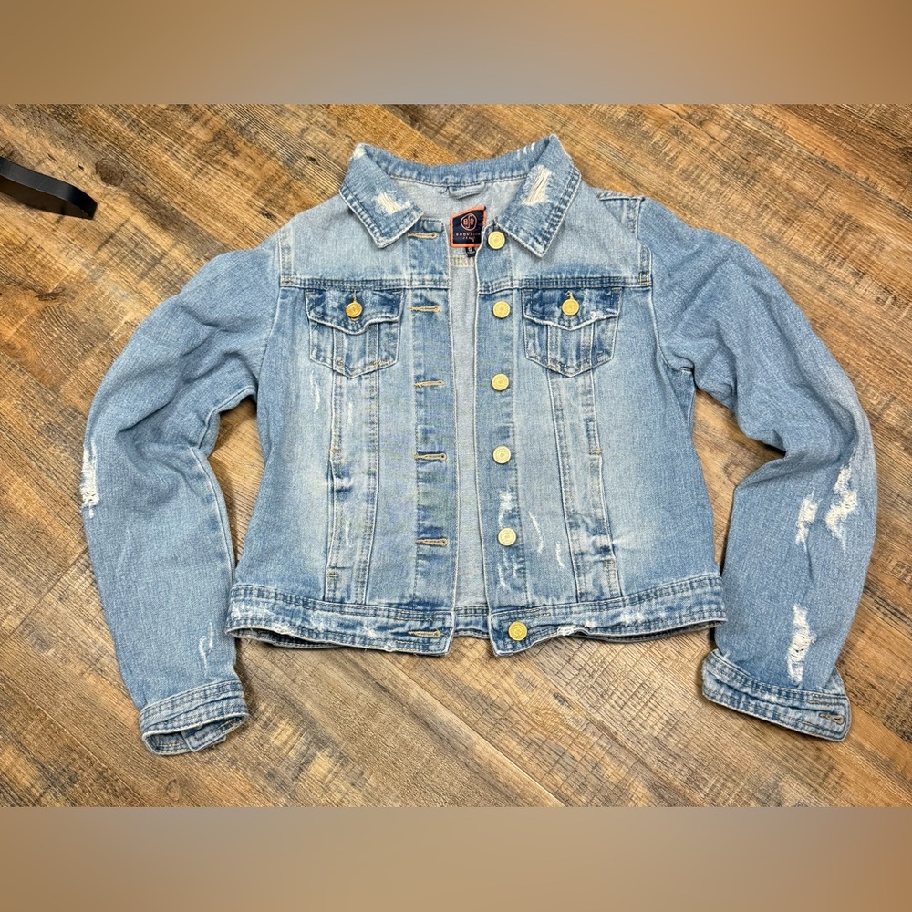 Boom Boom Distressed Denim Jacket Cropped Light Wash Small